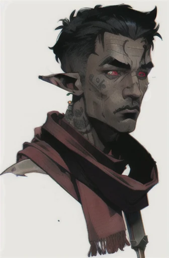 Concept ART, Human Male r , pointer Elf ears,face Tattoo , blue pupils ,Black hair , red Torn Scarf , Bandage , bones Snack ,Ancient dark magic , daddy vides