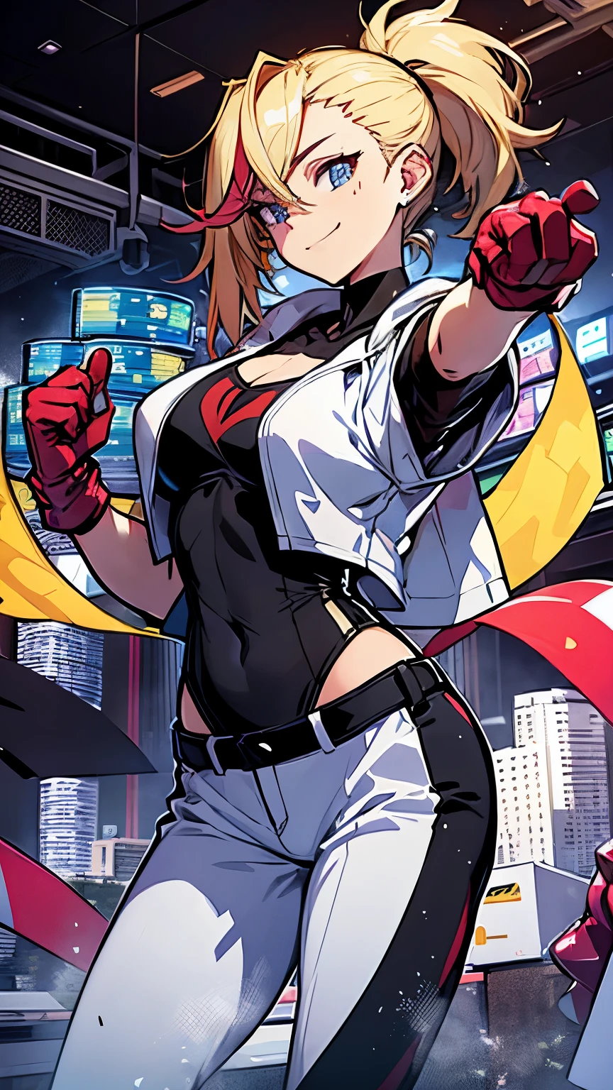 最high quality、best image quality、masterpiece、girl((20-year-old、 By becoming、vest bust、medium bust,wide open breast tea、Shining eyes, blonde、long hair、thin,highest valley、ponytail、Very Short Shirt、short belly sports trousers、cool pose、have a smartphone、sweating、smile、movement of leaning forward、diamond earrings、white gloves、cute pose)),high quality、beautiful art、background((casino))、flight、debris flies、Depth of written boundary、movie、visual art、perfect art、8K,genuine、