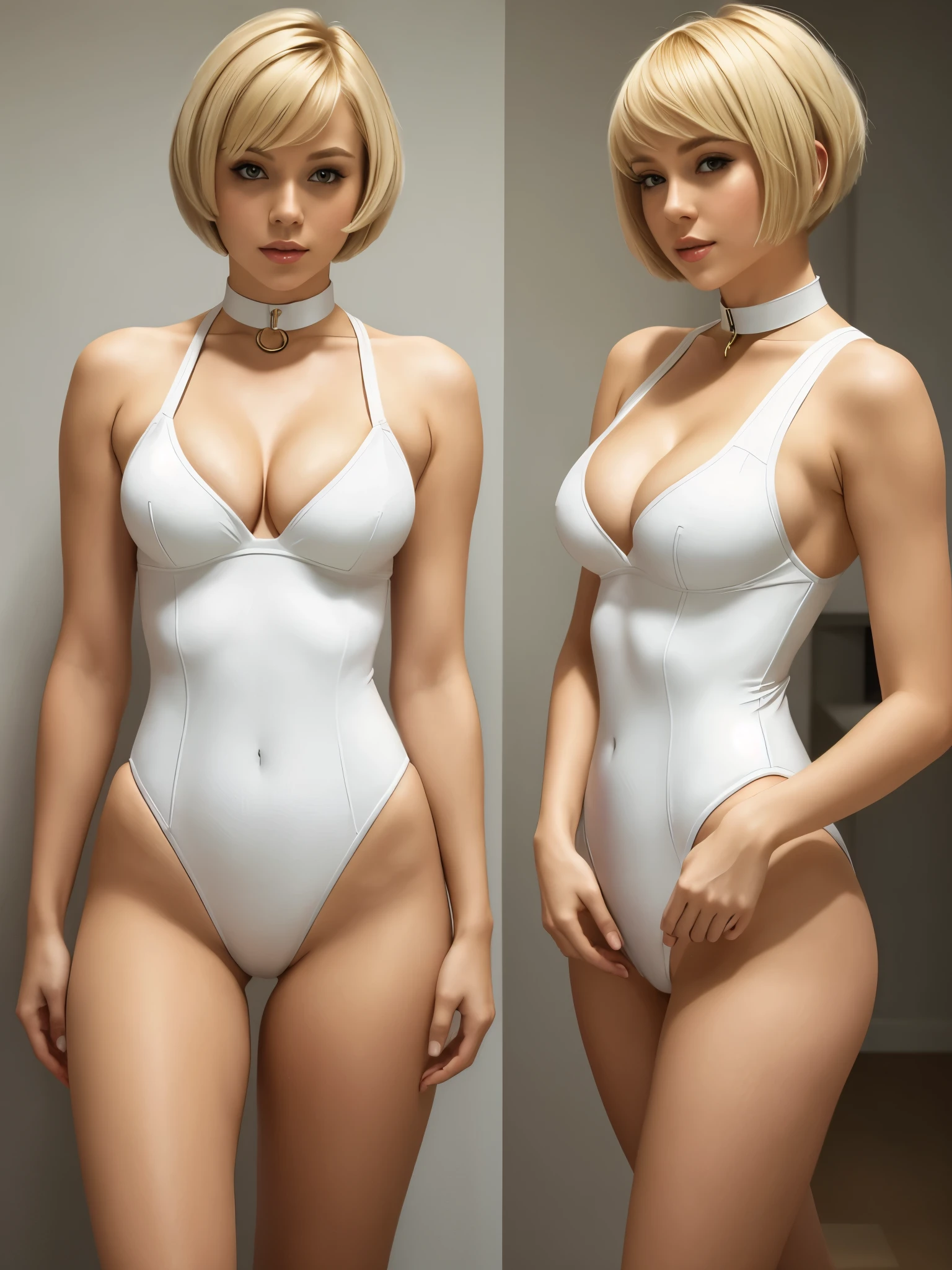 masterpiece, white leotard, full body shot,  cleavage, gorgeous woman, clone, barcode, blonde, slave collar, tight clothes, pixiecut hair, short hair, bobcut hair