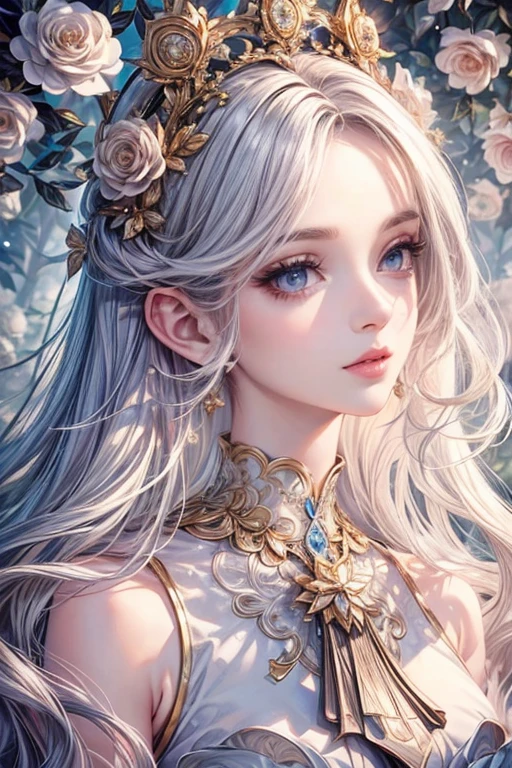 (highest quality,8k,CG),Upper body details, girl,Floral forest background,Complex facial features,Elegant long curly hair,large almond-shaped eyes,,Detailed eye makeup,Long eyelashes,Twinkling Star,Exquisite lip detail,Soft and harmonious style.