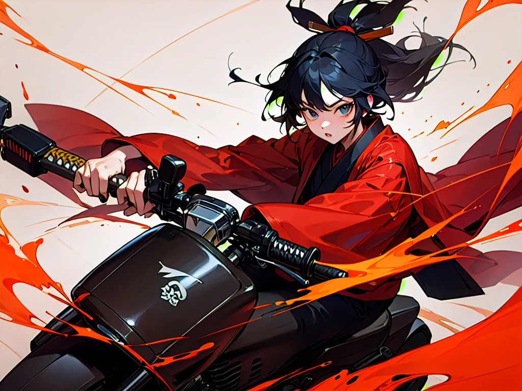 (highest quality,High resolution),1 Girl,Black Hair,Samurai Rider, Ride a motorcycle and wield a sword