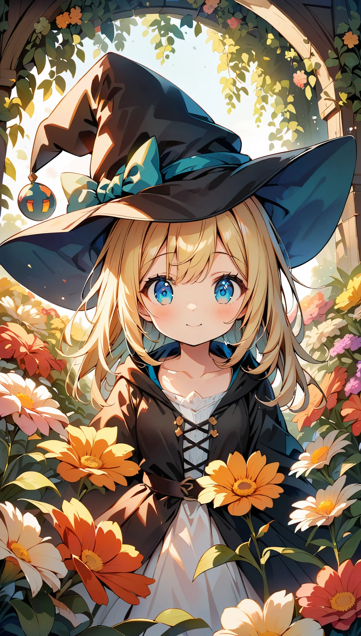 (highest quality:1.2, Comic Artwork, Comic book style, Very detailed, up to date, Vibrant, digital coloring, High Contrast, masterpiece:1.2, Best Quality, Best aesthetics, aya), alone, Flowers fluttering, フレームいっぱいにFlowers fluttering, (((young woman, Cute Witch))), (Round eyes), (Small face), (Skin with attention to detail:1.2), Random Pause, Uplifting, clavicle, Cute face, Beautiful Face, Long eyelashes, (blonde, blue eyes), surrounding flowers, Witch Dress, Witch Hat, Light effects, Flower Garden.