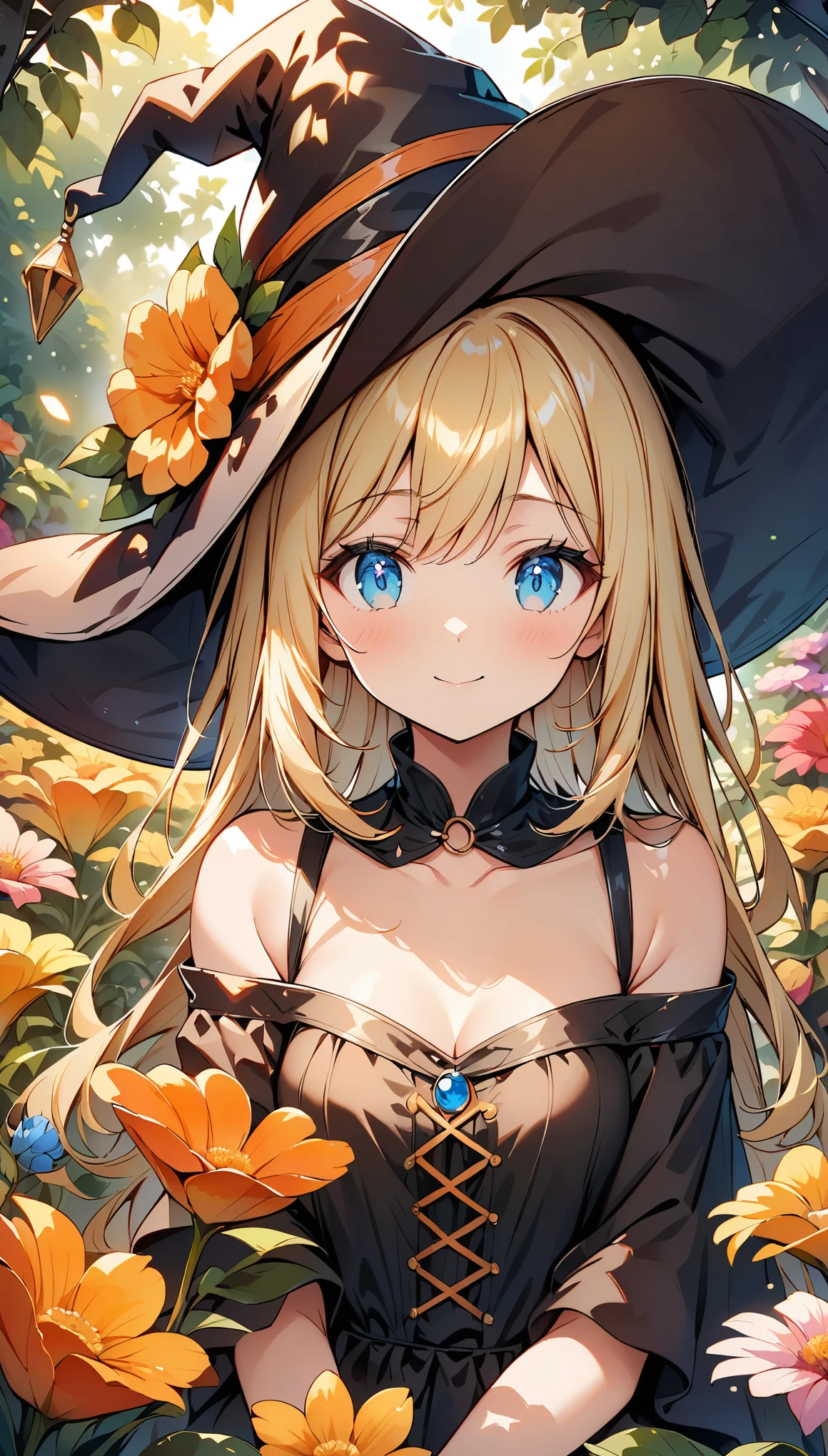 (highest quality:1.2, Comic Artwork, Comic book style, Very detailed, up to date, Vibrant, digital coloring, High Contrast, masterpiece:1.2, Best Quality, Best aesthetics, aya), alone, Flowers fluttering, フレームいっぱいにFlowers fluttering, (((young woman, Cute Witch))), (Round eyes), (Small face), (Skin with attention to detail:1.2), clavicle, Cute face, Beautiful Face, Long eyelashes, (blonde, blue eyes), (Beautiful breasts:1.5), surrounding flowers, Witch Dress, Witch Hat, Light effects, Flower Garden.