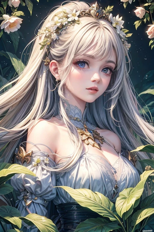 (highest quality,8k,CG),Upper body details,Lonely Girl,Floral forest background,Complex facial features,Elegant long curly hair,large almond-shaped eyes,,Detailed eye makeup,Long eyelashes,Twinkling Star,Exquisite lip detail,Soft and harmonious style.
