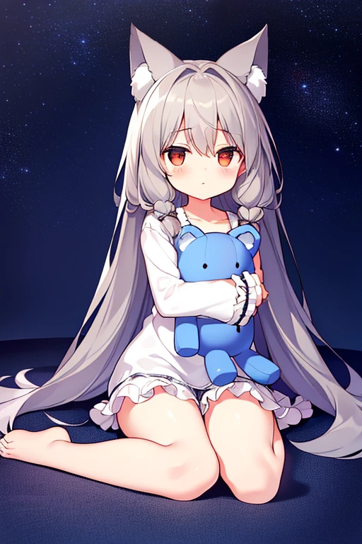 , Focus Only, whole body, Sitting, Dynamic Angle, Gray Hair, Flat Chest, frills, 3 , brown hair, Long Hair, night, Starry Sky, dark, sleepy, I want to sleep, Animal ear hood, A girl in pajamas holding a large stuffed toy, With a shy look, Bedroom Settings, The composition should exude a blend of sensuality and innocence., The background must be visually appealing,