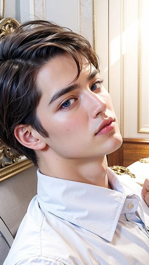 Handsome Russian man with short hair and beautiful blue eyes, very realistic