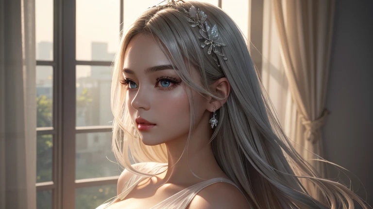 high quality work，Realistic artwork，Ultra Premium Graphics，8K HD CG works，High quality graphics，High-definition and elaborate CG work，10x pixels，Ultra-fine detail：1.1，Advanced Technical Details：1.1 realistic photo effects，Indoor lighting effects：1.5，Natural soft light：1.5. Light effects（Virtual Light Effects：1.8），Ultra-high resolution，Shiny Dress，Silver long hair，Silver Hair，Transparent Hair，Hair with attention to detail（High quality hair detail：1.1）Clear Eyes，Double eyelids are beautiful，Sharp eye makeup, Creates exquisite eyelash makeup, Thin eyebrows, Very fine eye，High nose, beautiful red lips, Rosy Cheeks, Delicate makeup applied , Pretty face, The face shape is perfectly balanced,（Advanced Face Detail：1.1） Masterpiece photo captures the essence of a dream experienced by an amazing young white woman NSFW, Perfect and beautifully detailed face, Realistic pores, 鋭くClear Eyes, (Nipples are visible), sheer dress, All around her are tendrils of smoke that transform into surreal butterflies., In a dream, she、鮮やかな色と超現実的な要素で満たされた幻想的なWind景の中にいることに気づきます。, The atmosphere is dreamy and ethereal, A soft light illuminates the scene, Young women are depicted as radiant and confident, Surrounded by symbols of her aspirations and inner strength, The overall atmosphere of the image should evoke a sense of wonder, empowerment, and endless possibilities, Complex lighting, Rim Light, (Wind:1.3), ，Women artwork，Dress full body video，realism，Great cleavage，Your eyes are shining brightly today