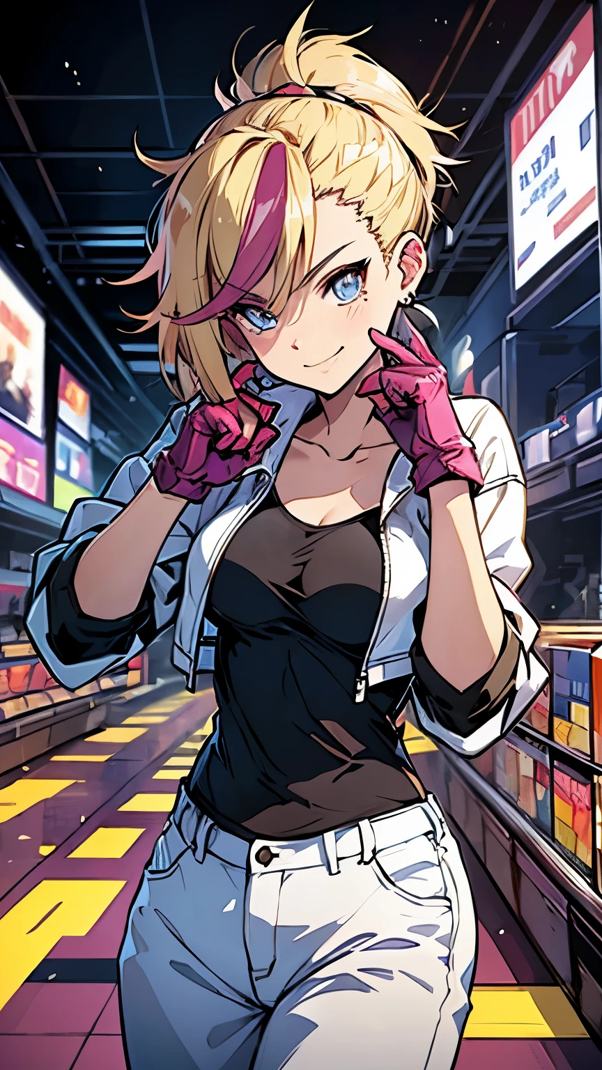 最high quality、best image quality、masterpiece、girl((20-year-old、 By becoming、vest bust、medium bust,wide open breast tea、Shining eyes, blonde、long hair、thin,highest valley、ponytail、Very Short Shirt、short belly sports trousers、cool pose、have a smartphone、sweating、smile、movement of leaning forward、diamond earrings、white gloves、cute pose)),high quality、beautiful art、background((casino))、flight、debris flies、Depth of written boundary、movie、visual art、perfect art、8K,genuine、