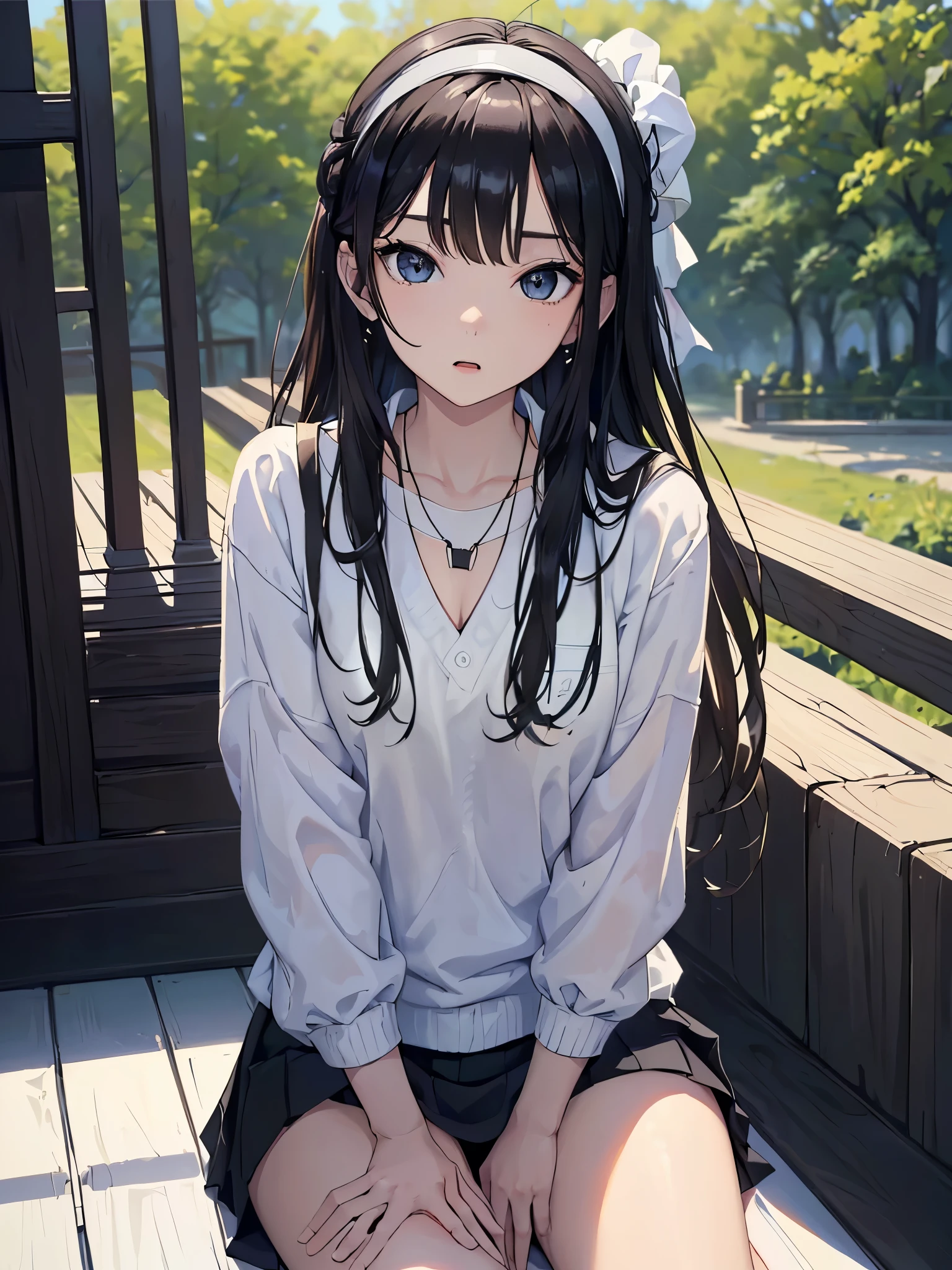 ((Biologically correct number of limbs))、(( Head to Toe、Full body depiction including face))、4K、((Standing posture))、Masterpiece、((focus on the face))、((Symmetrical facial features))、Eyes with detailed description、Beautiful woman、Outstanding style、Beautiful arms、Beautiful legs、Beautiful Hands、Detailed depiction of faces、Small earrings、necklace、(uniform、skirt、High heels、stockings)、Close-up of face、Surprise expression、The background is the park in the morning、Headband、(((Black and white painting)))、(((Line art、Pencil writing)))、