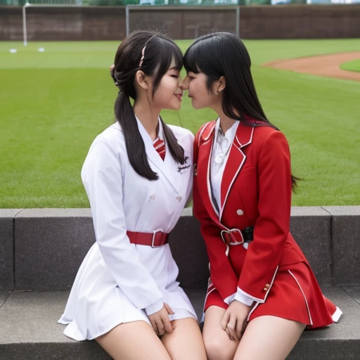 Two Japanese high school girls in revealing clothes kissing