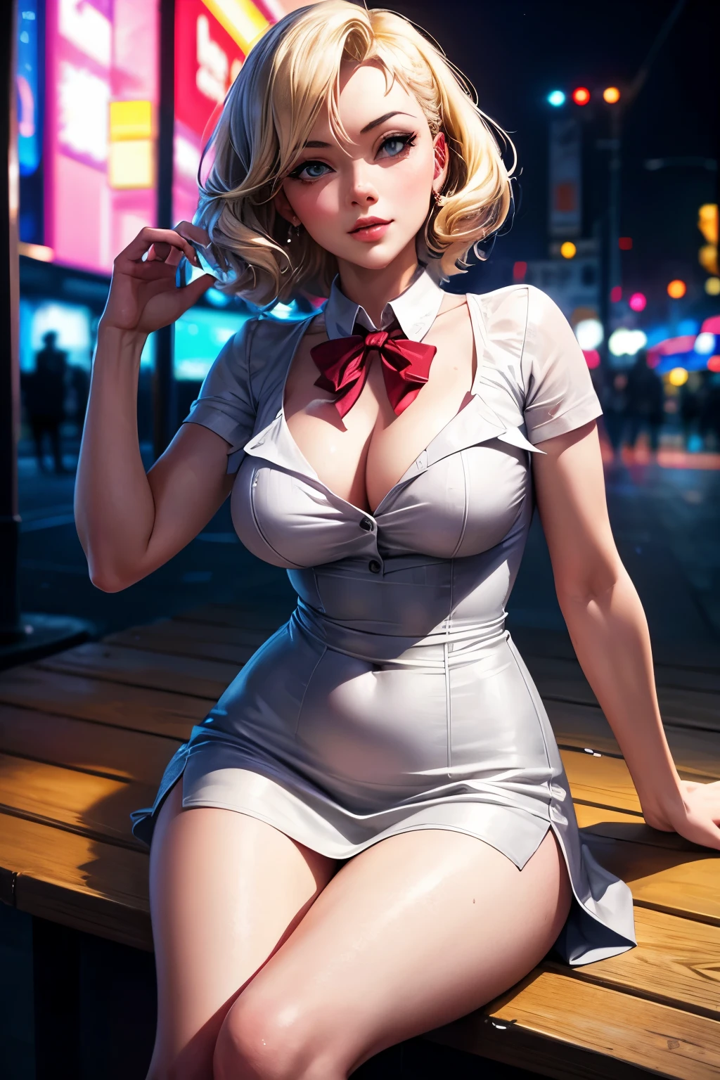 Marilyn Monroe , hands up, western cartoon style, sitting, slight smile, collared shirt, (Pubic hair) bench in the park, facing the viewer, , on open air, A drop of water on the skin, Wet hair, photorealistic, realistic rendering, (depth of field:1.2), hips, (granularity:1.4), ultra wide angle, dramatic composition, portrait of the most beautiful form of chaos, elegant, cartoon style, , hypermaximalist, ((long-term exposure)),(neon lights), Out of focus, cinematography, aura volumetric lights