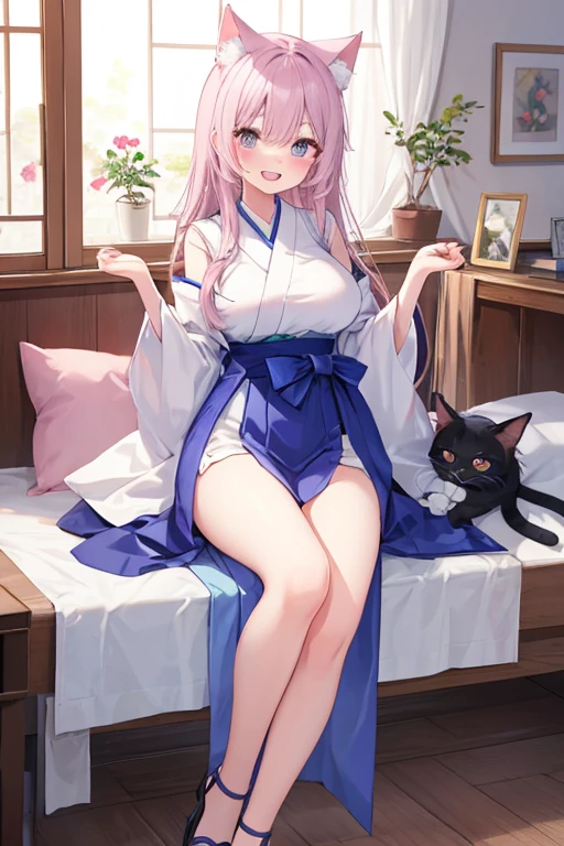 Beautiful illustrations, highest quality, pretty girl,beautiful girl、clear face、 Half-Japanese girl、pastel colour 、blush、Perfect hands、Thighs、(Perfect Face:1.1), smile、Cat ear、Gah、Double teeth、big breasts