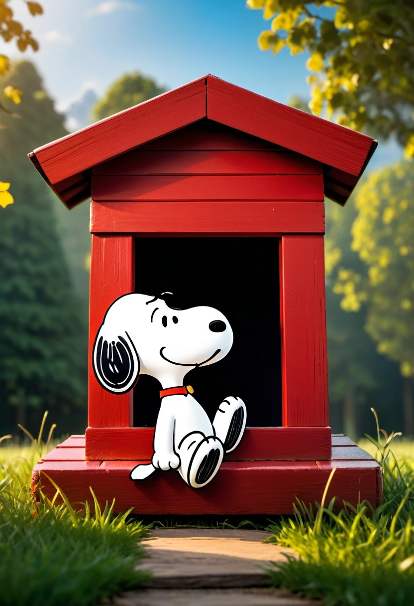 #quality(8k,wallpaper of extremely detailed CG unit, ​masterpiece,hight resolution,top-quality,top-quality real texture skin,hyper realisitic,increase the resolution,RAW photos,best qualtiy,highly detailed,the wallpaper,cinematic,golden ratio), BREAK ,(snoopy\(peanuts\) is sitting at the top of his doghouse:2.0),#1boy(snoopy\(peanuts\),white,black ears,black muzzle,red collar,),#doghouse(white,roof is red,),#background(grassfield),from side