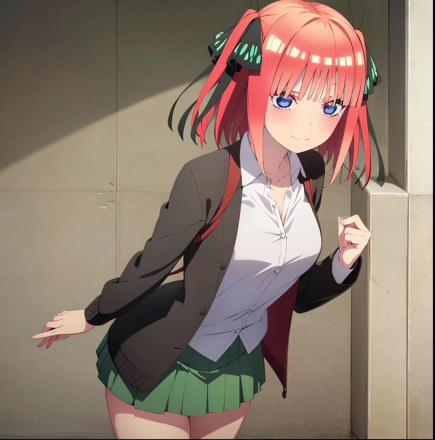 (nsfw),
(((cleft of venus))),
ninonakano,
nino nakano, short hair, bangs, blue eyes, hair ornament, hair ribbon, pink hair, blunt bangs, two side up, butterfly hair ornament,
skirt, shirt, long sleeves, white shirt, pleated skirt, open clothes, collared shirt, sleeves past wrists, dress shirt, cardigan, green skirt, open cardigan, black cardigan,,
looking at viewer,
(masterpiece:1.2), best quality, high resolution, unity 8k wallpaper, (illustration:0.8), (beautiful detailed eyes:1.6), extremely detailed face, perfect lighting, extremely detailed CG, (perfect hands, perfect anatomy), ,
(girl with (small breasts), nude, beautiful, masterpiece, best quality, extremely detailed face, perfect lighting, 1girl, alone,