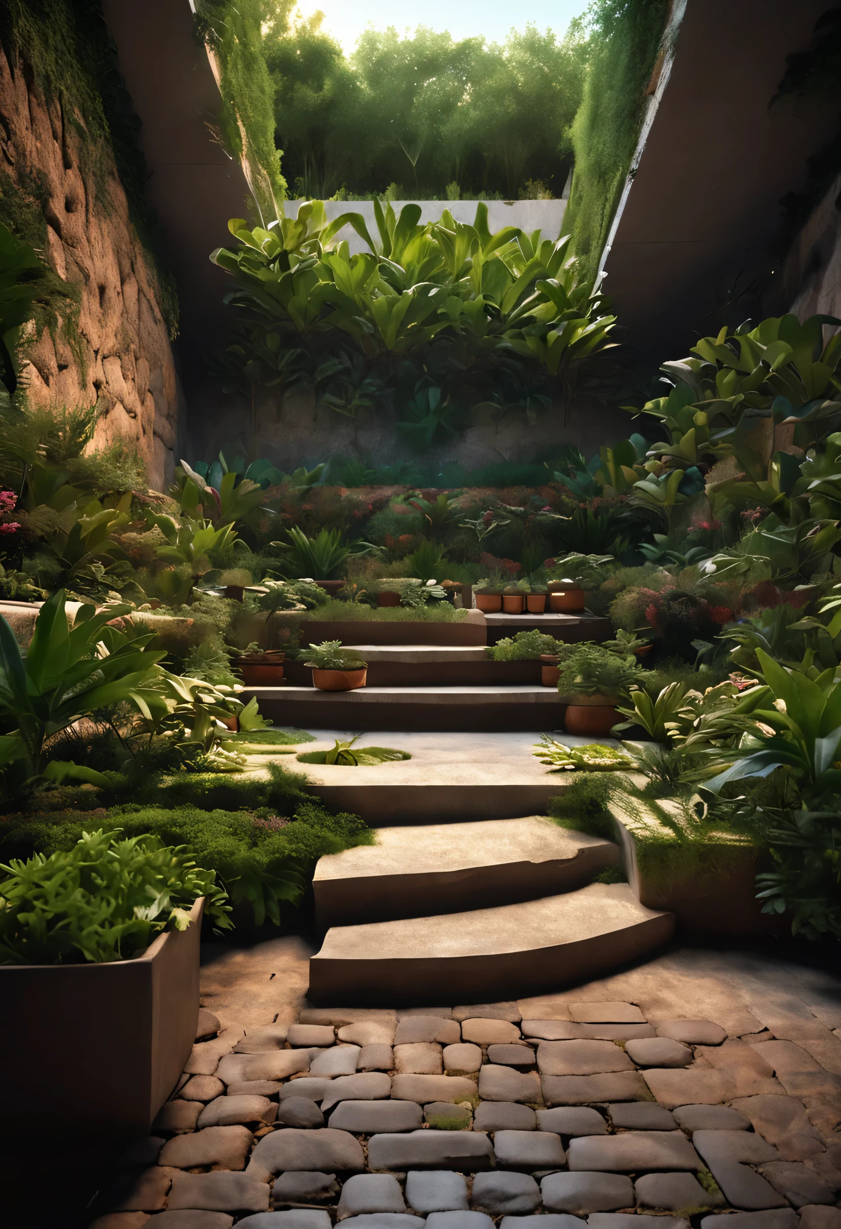 Natural garden landscape with plants around with loose stone floor and with stone wall and luxurious vertical garden behind and free space in the center of the image with clear sky