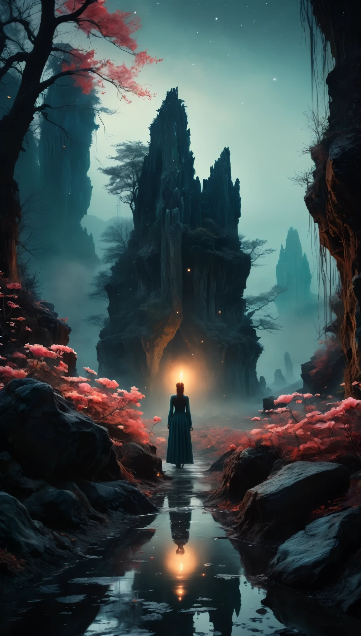 pregnant ghostly girl,(devil theme:1.5),(dark horror theme:1.5),(thriller:1.5),(inspiration by Stephen King:1.5),(dark fantasy:1.5), (ink and watercolor painting:1.5), (black and white color:1.5), (ominous landscapes:1.5),(A large number of stars fly towards the viewer:1.5),(ruined:1.5), (ruined theme:1.5),(lots of flying dust:1.5),(puddle:1.5),(Unpaved roads:1.5),full body length,Quartz Lepidolite girl in national dress,pretty face,full body shot,ominous landscape,chrysocolla atmosphere,by art Simon Stalenhag,Nicola Samori,Wangechi Mutu,prime colors,extremely detailed,masterpiece,intricate details,faded,eyes extremely detailed, high detailed eyes,4k resolution,RAW, Nikon Z9,full body length,intricate details,Stone Forest in Yunnan Province of China,ultra-detailed,dark and eerie atmosphere, ethereal presence, hauntingly beautiful, ghostly figures, swirling mists, supernatural entities, demonic essence, shadowy forms, eerie whispers, sinister aura, hauntingly pale skin, dark and twisted branches, flickering candlelight, macabre elements, mysterious and enigmatic, spectral apparitions, gothic art style, hauntingly captivating, spectral realm, hauntingly melancholic, otherworldly beauty, ethereal glow, hauntingly haunting, chilling and atmospheric, eerie and ominous lighting,Impresionismo，starlight color，Fantastic lighting，Ethereal atmosphere，otherworldly charm，Mystic aura，Glowing flowers，floating petal，majestic vines，Glowing Leaves，with a calm expression，Complicated details，Exquisite features，petals in her hair，Light of the sky，harmonious colorystic energy，Surreal atmosphere，Amazing Cleavage，Sublime art，vibrant tones，captivating creationAfter the war，Maritime city，sense of science and technology，The city of the future，Spaceship wreckage，There are giant ships in the sea，Beautiful woman overlooking the ruined city