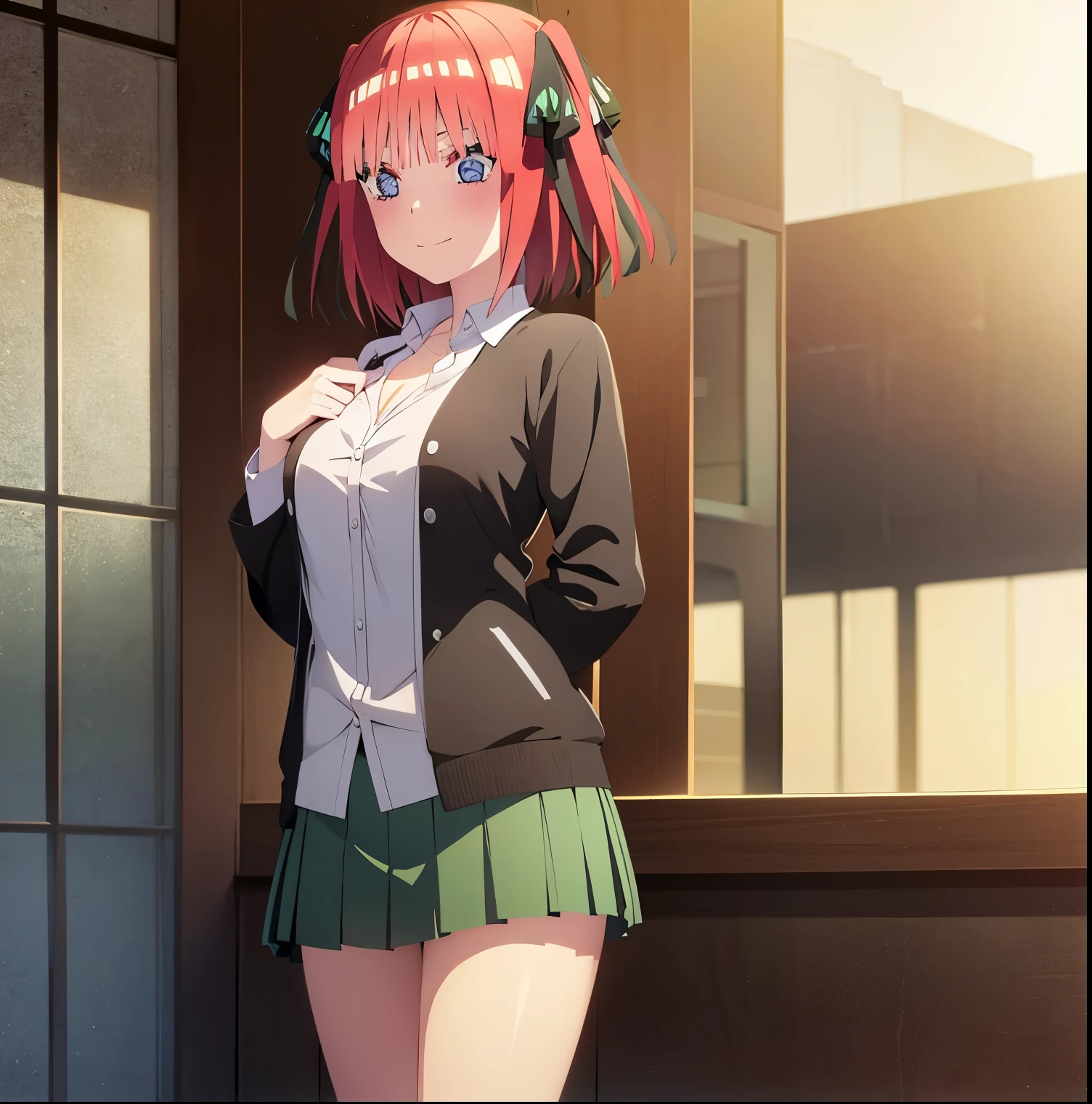 1girl, alone, Nino nakano,2d, masterpiece, best quality, anime, highly detailed, 1 girl, solo, cowboy shot, nakano nino, pink hair, short hair, butterfly hair ornament, blue eyes, black cardigan, white collared shirt, cleavage, green skirt, miniskirt, black loafers, white stockings, large breasts, medium waist, medium hips, wide thighs, standing, school, outdoors, smile, seductive, embarrassed, closed mouth, good lighting, sunset, perfect hands, perfect anatomy 