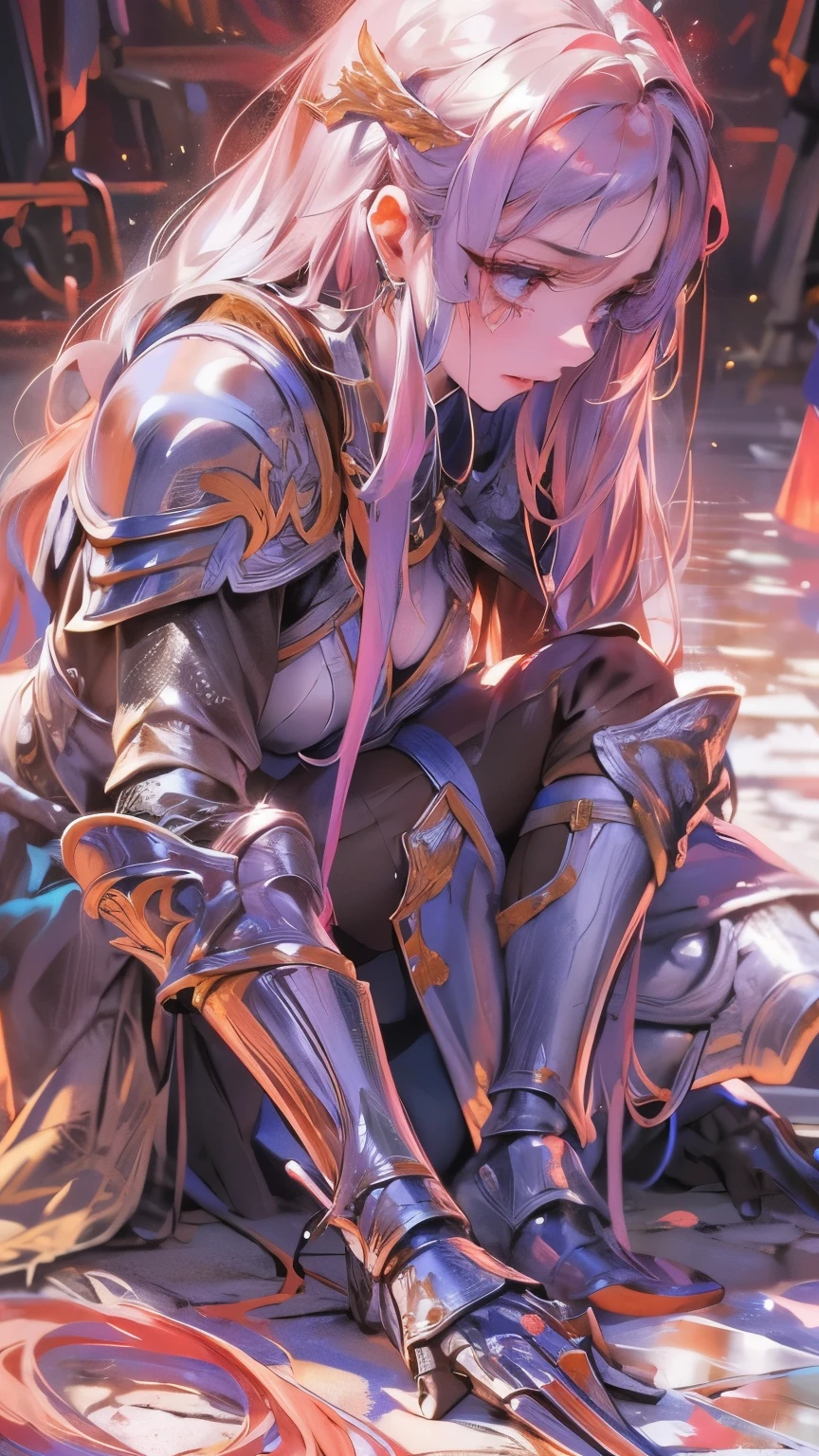 A girl, wearing a simple armor, shattered, armor is broken, simple broken sword, she is kneeling on the floor, she is sad and hurt, missing parts of the armor, armor is ultra shattered, tears, ultra long hair, Long eyelashes, ultra detailed face, glowing lips, glowing eyes, campfield