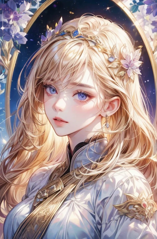 long hair woman、bust、White skin、Symmetry between left and right eyes、Delicate eyes、Glowing purple eyes、golden hair accessories eomosaic pattern background、Spotlight、High Contrast、Impressive Shadows、Detailed Shadows、Perfect Finish、masterpiece、highest quality、Best image quality
