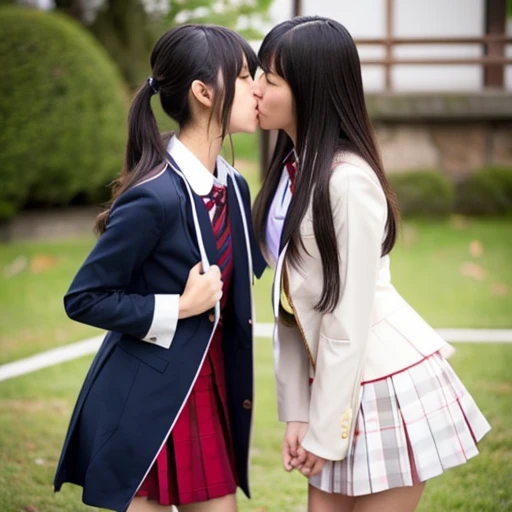 Two Japanese high school girls in revealing clothes kissing