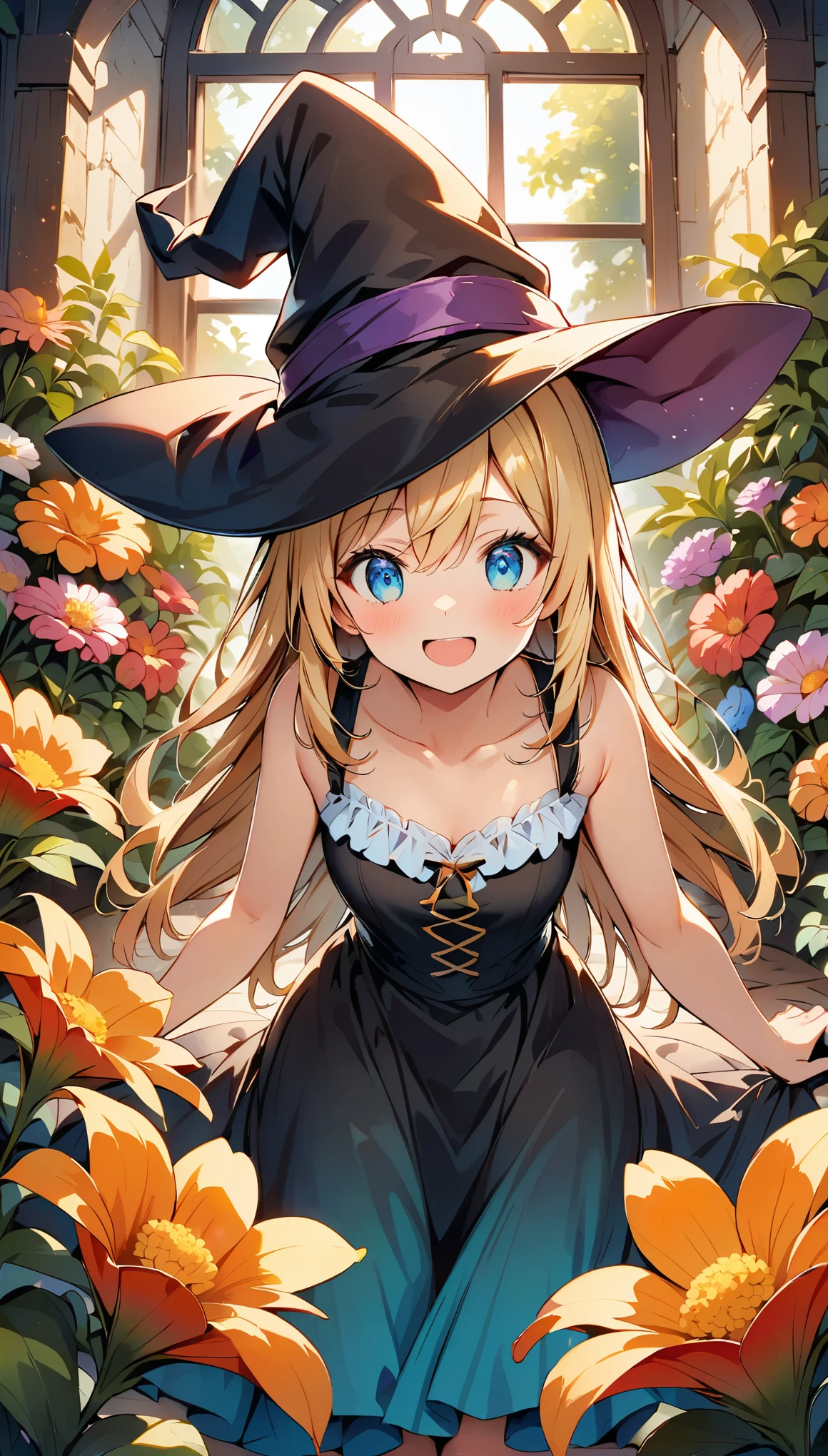 (highest quality:1.2, Comic Artwork, Comic book style, Very detailed, up to date, Vibrant, digital coloring, High Contrast, masterpiece:1.2, Best Quality, Best aesthetics, aya), alone, Flowers fluttering, フレームいっぱいにFlowers fluttering, (((young woman, Cute Witch))), (Round eyes), (Small face), (Skin with attention to detail:1.2), Random Pause, Get excited, Uplifting, clavicle, Cute face, Beautiful Face, Long eyelashes, (blonde, blue eyes), surrounding flowers, Witch Dress, Witch Hat, Light effects, Flower Garden.