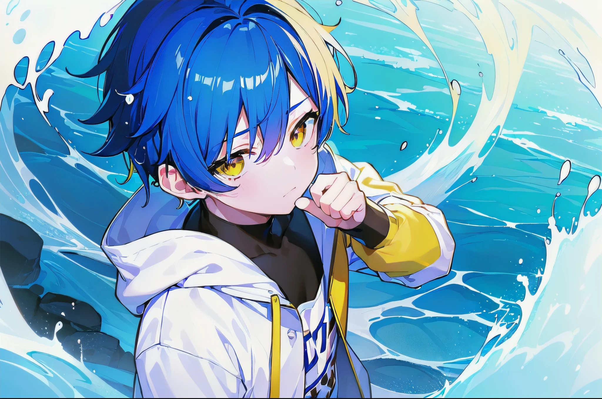 [(WHITE BACKGROUND:1.5),::5], ((((masterpiece)))), high quality, very_high_resolution, large_filesize, full color, ((younger boy)), 13 old year, short deepblue hair, vivid color, ((yellow eye)), civilian clothes white, animestyle, (Soda Splash effect:1.3)