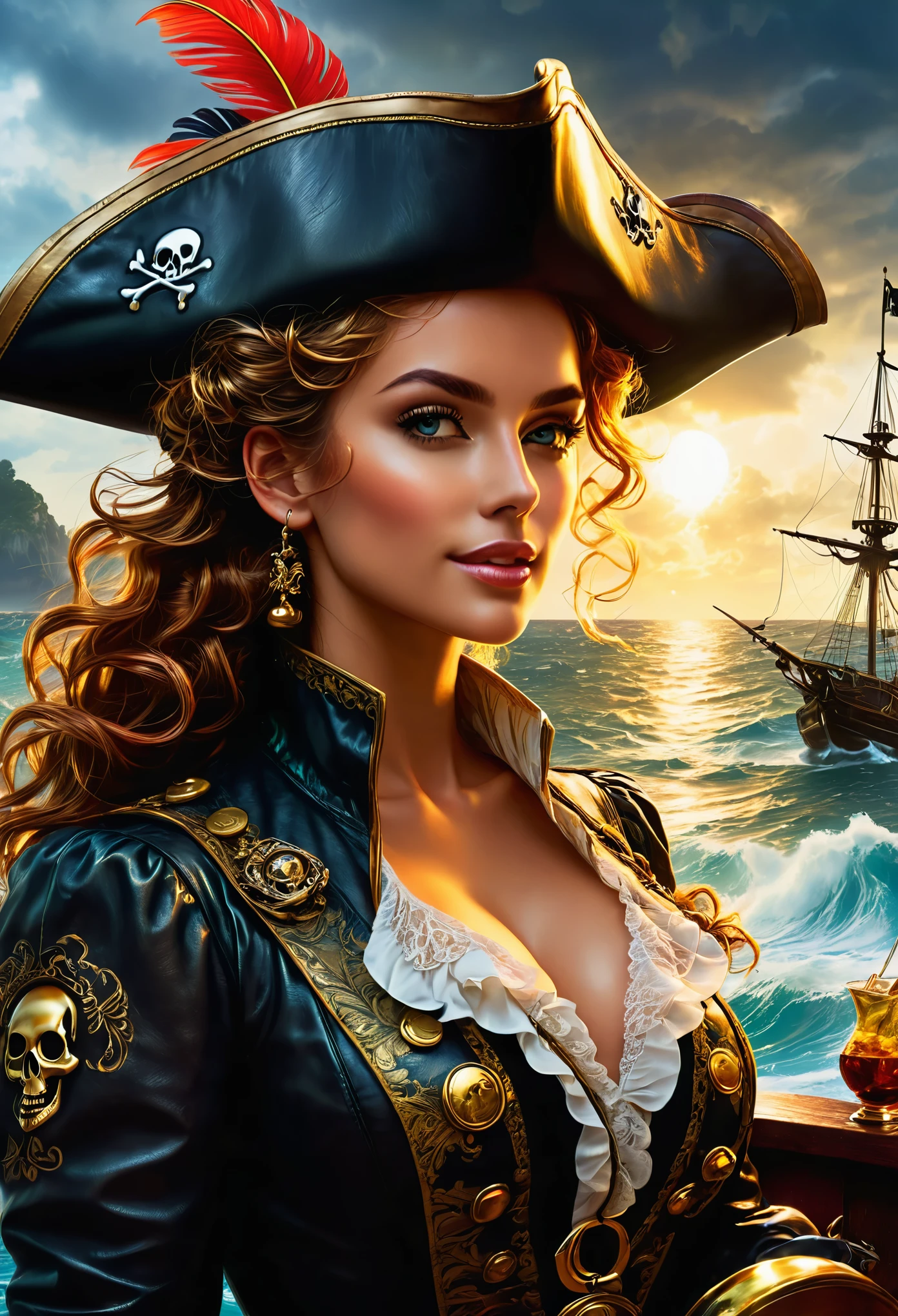 (best quality,4k,8k,highres,masterpiece:1.2),ultra-detailed,(realistic,photorealistic,photo-realistic:1.37),beautiful pirate women,mesmerizing eyes,detailed lips,adventurous spirit,golden hoop earrings,ornate pirate hat,flowing curly hair,waving in the sea breeze,mysterious smile,delicate lace collar,pirate ship in the background,dark and stormy sky,crashing waves,sun setting on the horizon,rich colors,deep shadows,glowing lanterns,sparkling treasure chest,sparkling gold coins,parrot perched on the shoulder,patched pirate coat,leather boots,treasure map in hand,cannon on deck,crew of fierce pirates,skull and crossbones flag,pirate sword,cocktail with a striped umbrella,stranded on a deserted island,stealing the hearts of all who see,the sound of seagulls and crashing waves,lust for adventure,free-spirited attitude,captivating personality,vivid imagination.