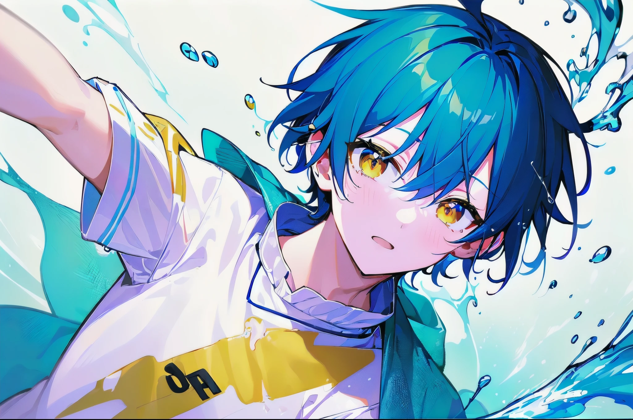 [(WHITE BACKGROUND:1.5),::5], ((((masterpiece)))), high quality, very_high_resolution, large_filesize, full color, ((younger boy)), 13 old year, short deepblue hair, vivid color, ((yellow eye)), civilian clothes white, animestyle, (Soda Splash effect:1.3)