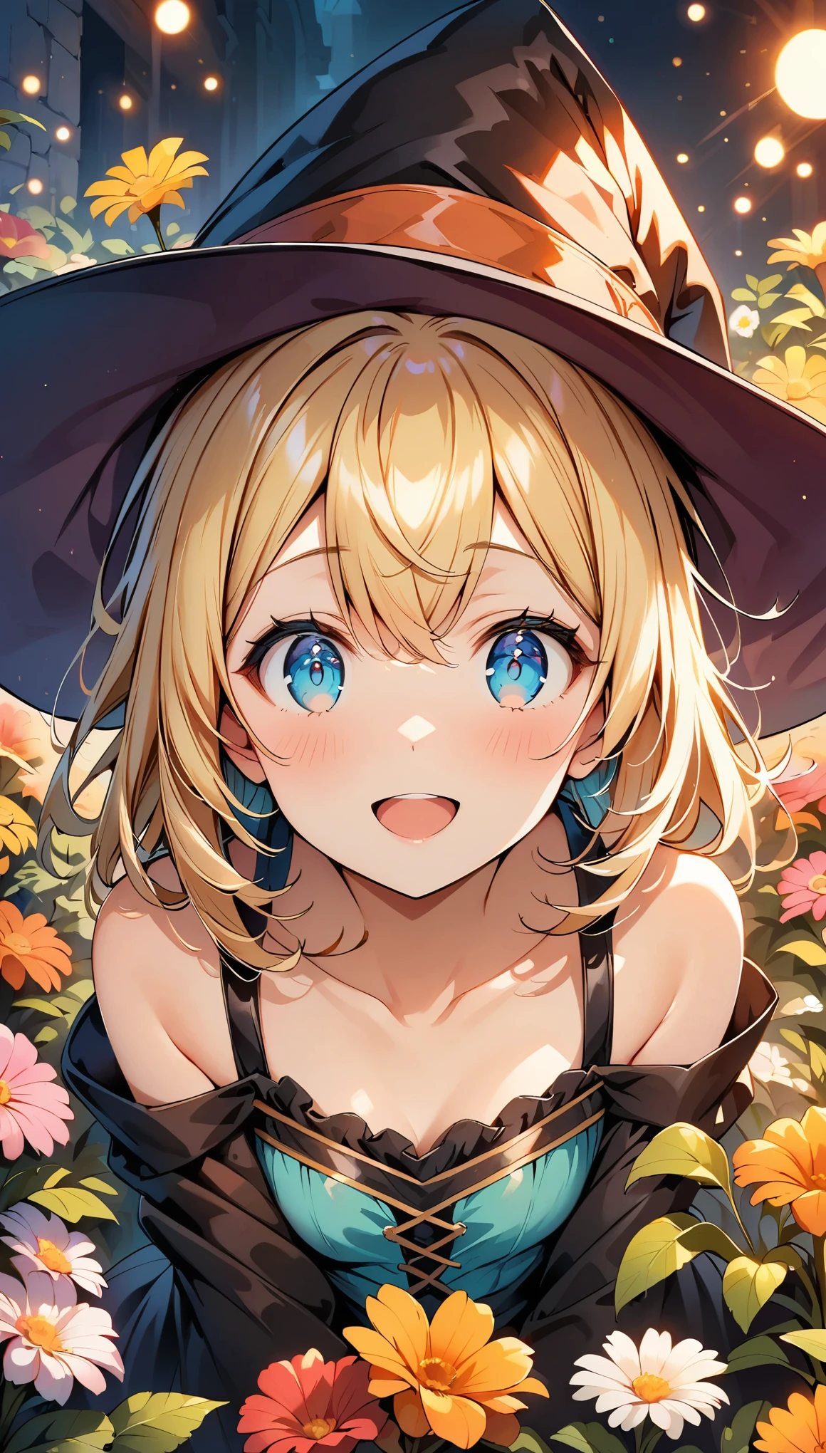 (highest quality:1.2, Comic Artwork, Comic book style, Very detailed, up to date, Vibrant, digital coloring, High Contrast, masterpiece:1.2, Best Quality, Best aesthetics, aya), alone, Flowers fluttering, フレームいっぱいにFlowers fluttering, (((young woman, Cute Witch))), (Round eyes), (Small face), (Skin with attention to detail:1.2), Random Pause, Get excited, Uplifting, clavicle, Cute face, Beautiful Face, Long eyelashes, (blonde, blue eyes), surrounding flowers, Witch Dress, Witch Hat, Light effects, Flower Garden.
