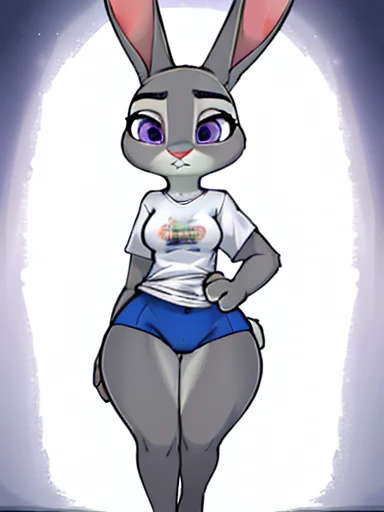 ((Judy hopps female )), wearing big white t-shirt , Purple pupils , big wide hips , bunny tall , Rabbit ears . Dedroom