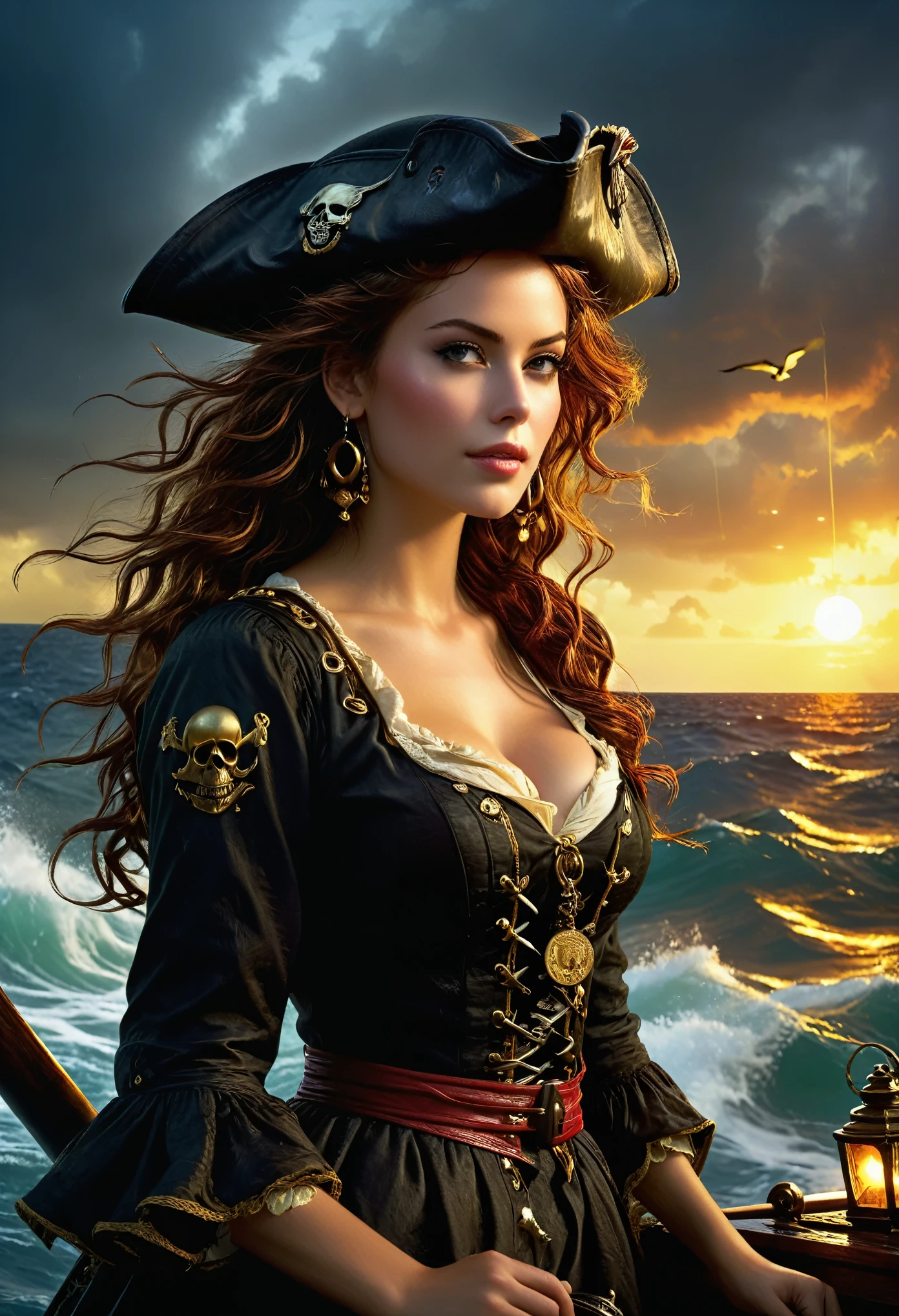(best quality,4k,8k,highres,masterpiece:1.2),ultra-detailed,(realistic,photorealistic,photo-realistic:1.37),beautiful pirate women,mesmerizing eyes,detailed lips,adventurous spirit,golden hoop earrings,ornate pirate hat,flowing curly hair,waving in the sea breeze,mysterious smile,delicate lace collar,pirate ship in the background,dark and stormy sky,crashing waves,sun setting on the horizon,rich colors,deep shadows,glowing lanterns,sparkling treasure chest,sparkling gold coins,parrot perched on the shoulder,patched pirate coat,leather boots,treasure map in hand,cannon on deck,crew of fierce pirates,skull and crossbones flag,pirate sword,cocktail with a striped umbrella,stranded on a deserted island,stealing the hearts of all who see,the sound of seagulls and crashing waves,lust for adventure,free-spirited attitude,captivating personality,vivid imagination.