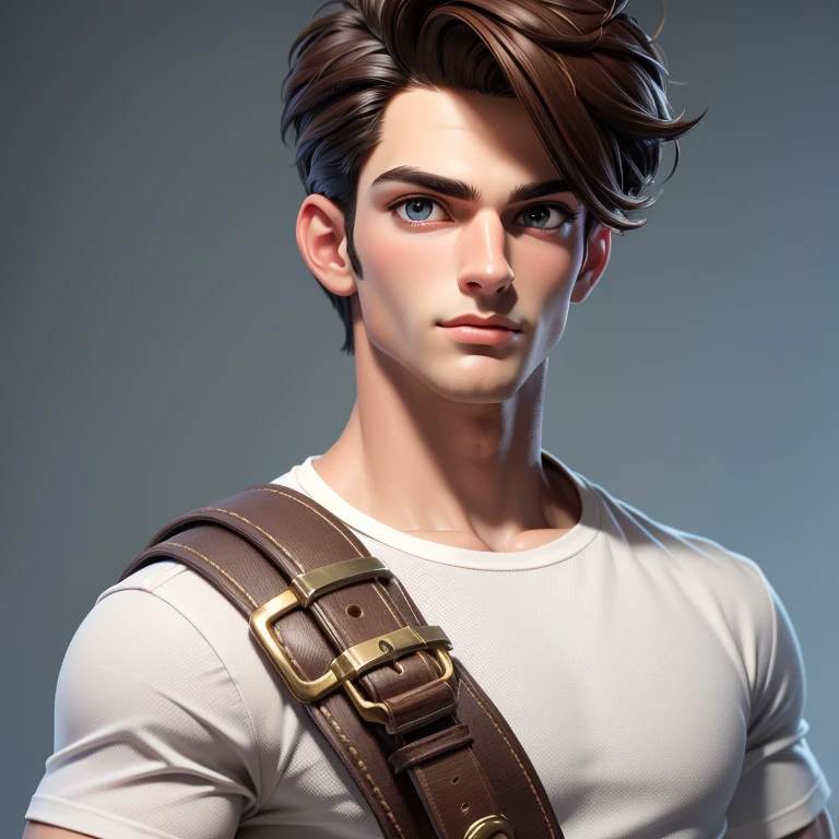 masterpiece, best quality,3d rending work ,3DMM style,close-up,portrait, 3D,male,20 year old, handsome, mature, perfect face, perfect eyes, sculpted jaw, brown hair, short hair, bare forehead, shining brown eyas, masculine, manly, cool, messy, rough, wearing white tshirt,upper body in frame, facing backwards,simple background,extremely detailed, one picture, ultra detailed,best quality,