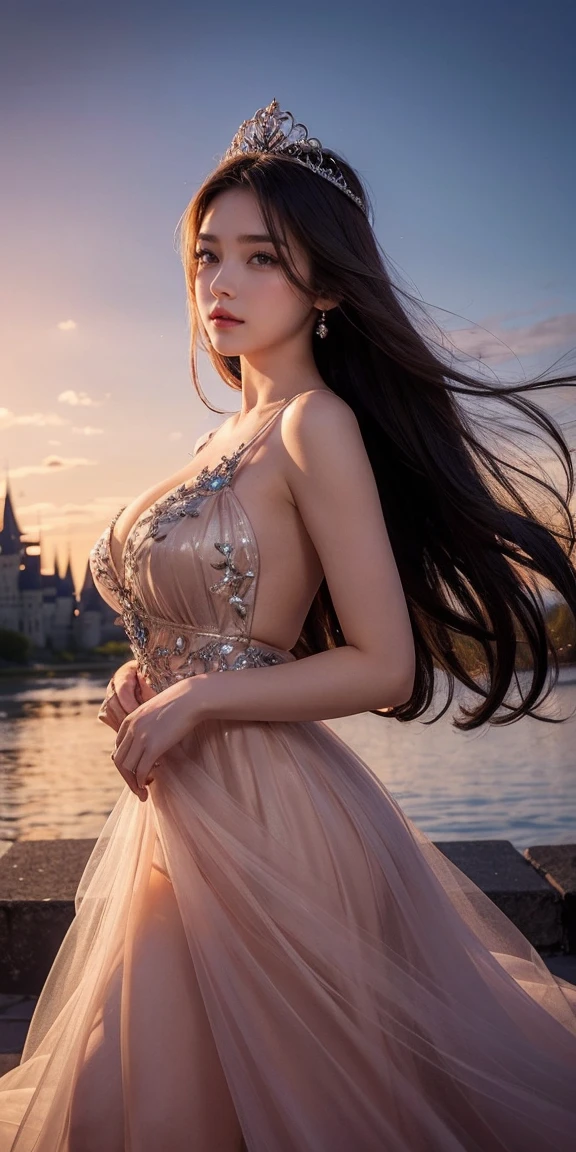 beautiful, charming, natural girl, makeup, beautiful girl, large breasts, elegant princess, flowing gown, fairytale castle behind, sunset, tiara on her head