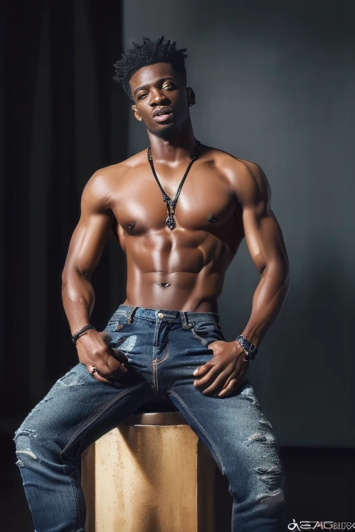(best quality, 8k, highres, photorealistic:2.0), (solo),(one male:2.0),(black men:1.5),(shirtless black man),(short hair men),(black men hairstyle),(very muscular),(looks young),(very tight denim pants),(Ecstasy with amazing orgasms:1.5),erect penis