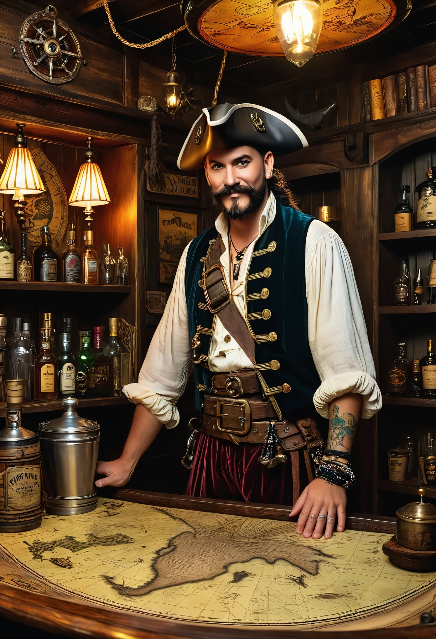 (best quality,4k,8k,highres,masterpiece:1.2),ultra-detailed,(realistic,photorealistic,photo-realistic:1.37),pirate club,vintage style,beautiful pirate bartender,shipwrecked barrel,pirate flag,wooden decor,golden treasure,rum bottles,pirate hat,ornate jewelry,old-fashioned rum glasses,velvet curtains,intricate bartending tools,drinking horn,antique compass,aged parchment map,dramatic lighting,smoky atmosphere,exquisite hand-painted mural,dark shadows,leather-bound books,seafaring tales,crimson velvet gown,beaded necklace,pirate tattoos,sparkling eyes,confident smile,silver filigree trinkets,authentic pirate ship decor,rustic wooden bar counter,swashbuckling vibes,bar patrons celebrating,raucous laughter,captivating storytelling,faint sound of crashing waves,carefully crafted cocktails,artisanal ingredients,unique serving techniques,vivid colors,vintage color grading,old-fashioned charm,nostalgic ambiance