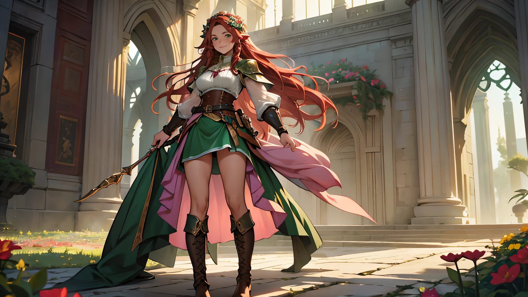 full length image, best quality, elven woman in her late 30's, standing, very long curly flowing auburn red hair half up in a bun with a flower comb in it, round face with blushing cheeks, happy green eyes, bright smile, modest green clothes, leather armor over her torso like a Corsette, green shorts, sheer see through floor length skirt, pink cloth on legs, brown knee high leather boots with laces, flowers on the ground near her boots, full length head to toe image