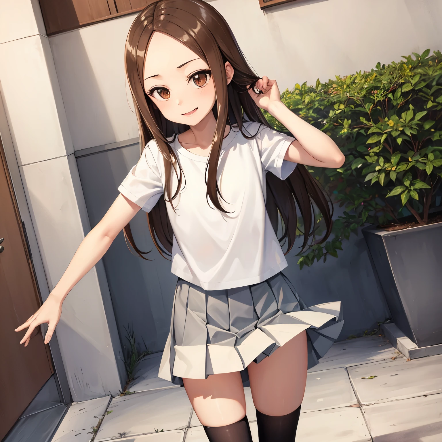 Takagi girl ,  body,  long hair smug smile provocação,  ,  lifting her skirt showing pantie,   long socks.