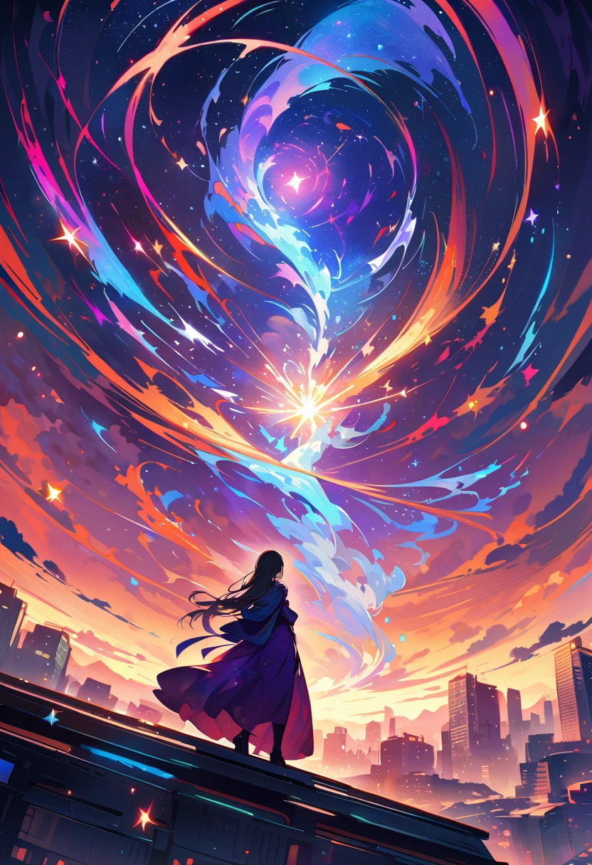 Female figure standing on the roof of a high-rise building, (Roof Focus), Surrounded by a vortex of cosmic energy, dreaming, Hazy landscape, The flowing starlight wraps around the human figure, A flowing robe that blends in with the galaxy, The sky is a tapestry of deep purples and blues, The stars shine, The scenery below is a series of rolling high-rise buildings, The scene was quiet and solemn, A way to capture the majestic essence of the universe, Contemplative figure standing in awe, Ultra HD, masterpiece, precise, anatomically correct, best quality, 8k