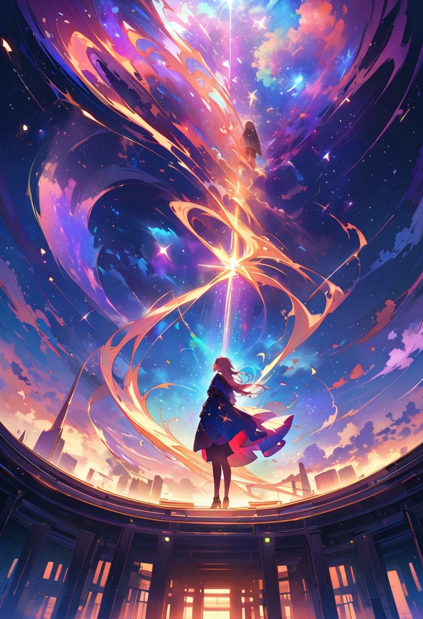 Female figure standing on the roof of a high-rise building, (Roof Focus), Surrounded by a vortex of cosmic energy, dreaming, Hazy landscape, The flowing starlight wraps around the human figure, A flowing robe that blends in with the galaxy, The sky is a tapestry of deep purples and blues, The stars shine, The scenery below is a series of rolling high-rise buildings, The scene was quiet and solemn, A way to capture the majestic essence of the universe, Contemplative figure standing in awe, Ultra HD, masterpiece, precise, anatomically correct, best quality, 8k