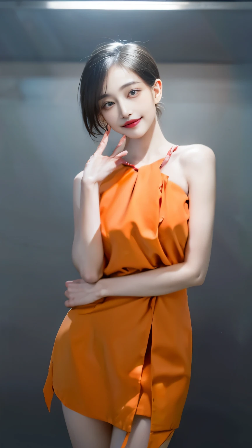 (masterpiece, highest quality, highest quality, Official Art, beautifully、aesthetic:1.2), Cinema Lighting、(Key light at 45 degrees from the front,Orange Fill Light、Soft Blue Backlight、Strong Shadows、Blue and orange color palette), Accurate human body、Someone knowledgeable、Correct five-finger、4K - ultra-vivid、highest quality, masterpiece, Ultra-high resolution, Detailed Background、The perfect background、(Little devil smile、Mesgaquismiles:1.5),
((Oily skin,Glowing Skin、Realistic skin texture、Beautiful skin in every detail、Shiny skin、Slimy skin、Glowing Skin、Shiny skin)), White skin, Real human skin, (Familiar), Oval Face, pore, Ultra-high resolution, (8k, RAW Photos, Realistic: 1.4), One Girl, slim, (kind, Goddess-like eyes) happiness: 1.2), (Lip gloss, eyelash, Gloss Face, highest quality, Ultra-high resolution, Wide Lighting, Natural Shading)、(sexy), Absolute area、long beautiful thin legs、Short length、(恍惚のsexyな笑顔の表情:1.5,) (Random time, place and clothes:1.8)、Alluring、Provocative Pose、Seductive pose