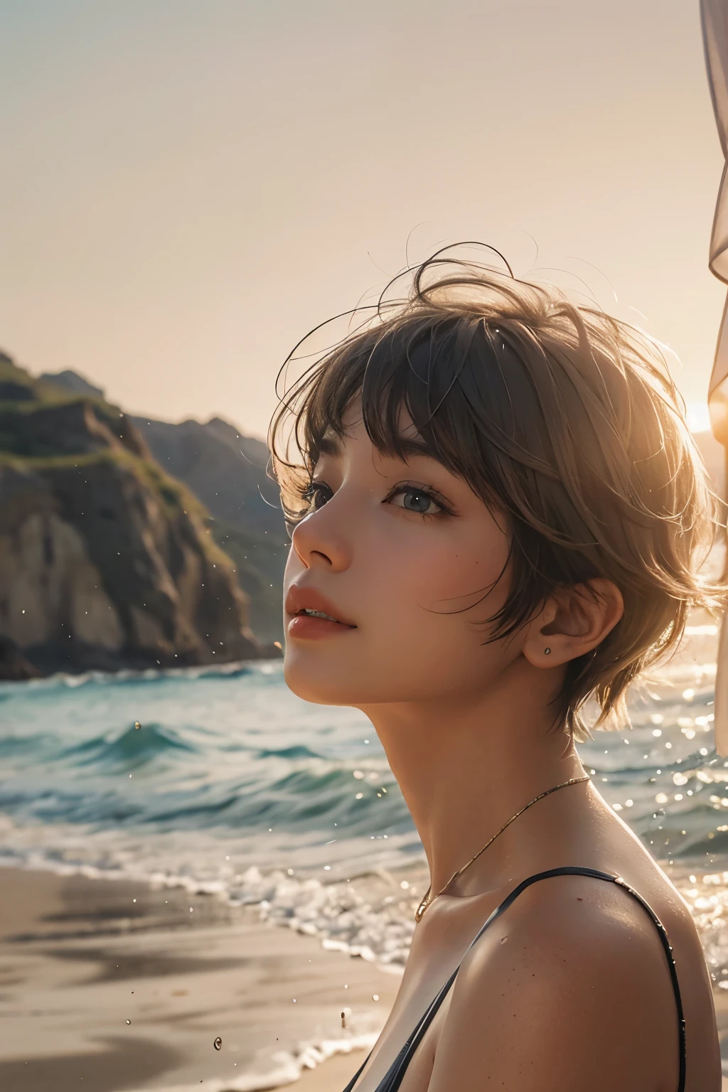 Araped woman with short hair, No makeup, without makeup, Centrally separated curtain bangs, Profile picture, Use Instagram Filters, Subtle soft and dim light, Pose looking back at the beach, sandy beach, tide, perfect face, julia sardinian, perfect hands, Random Actions, emerald sea, clear sky,
