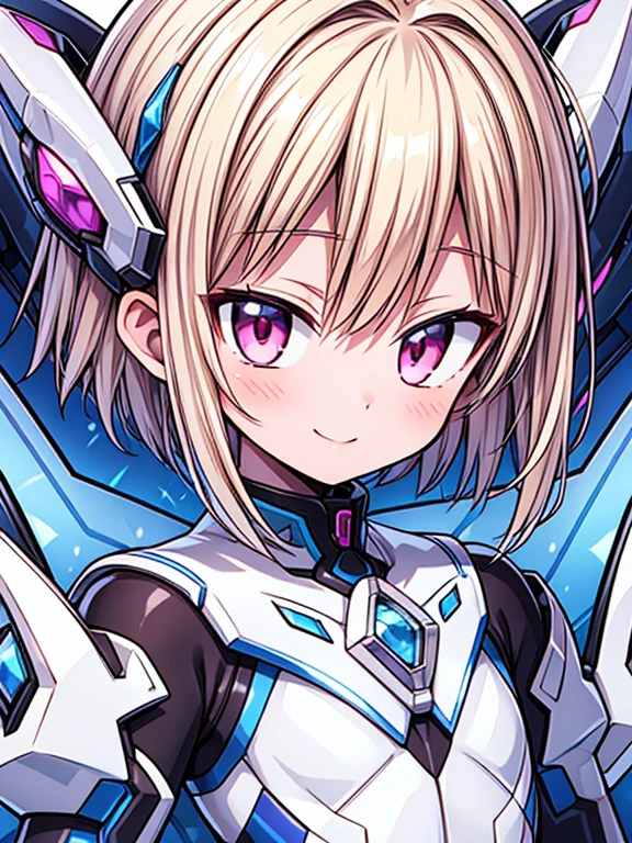 Masterpiece High res, boy, cute shota, male, white skin, pink eyes, short beautiful blonde hair,wearing a white mecha musume bodysuit, blue gems, {hero I quit a long time ago}, cute smile, one blue hairpin, close up