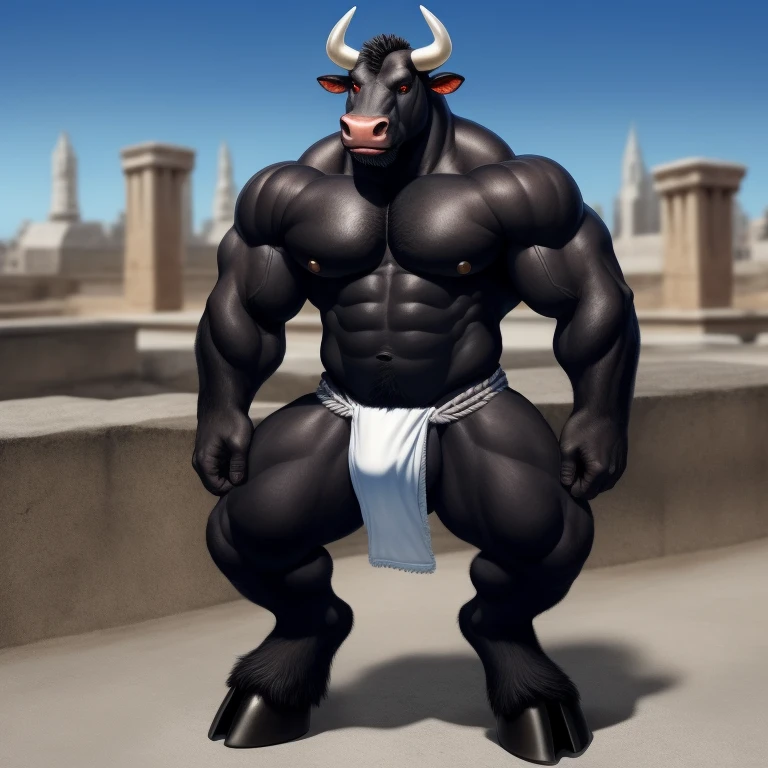 Furry Negro, Antro, Black Dark BullL , (Delgado sin musculos) Bull, Tight Fundoshi, Hooves, (Furry Black Dark), Solo, (Cuerpo Completo), Toro, Tail Bull, (Tail bovine), Tight (fundoshi white), bulto macho, Big Balls , (Fondo ciudad Romana, Ropa Romana) , (Fundoshi Ajustado Blanco), Detallado, Gran Calidad, Realista, Furr Black, (Red Eyes), Realista, Torso Nergro, (Cuerpo perfecto proporcional) Pose de Pie Erguido, Cuerpo Completo, Hooves, Cielo Azul, Piercing Nasal