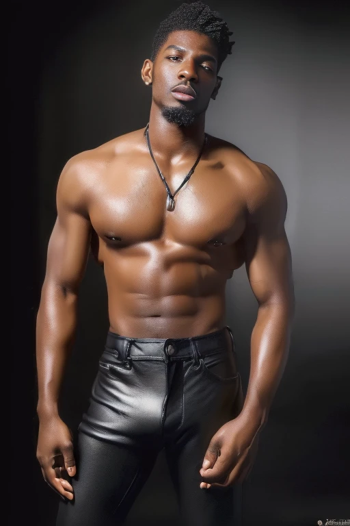 (best quality, 8k, highres, photorealistic:2.0), (solo),(one male:2.0),(black men:1.5),(shirtless black man),(short hair men),(black men hairstyle),(very muscular),(looks young),(tight leather pants),(Ecstasy with amazing orgasms:1.5),erect penis