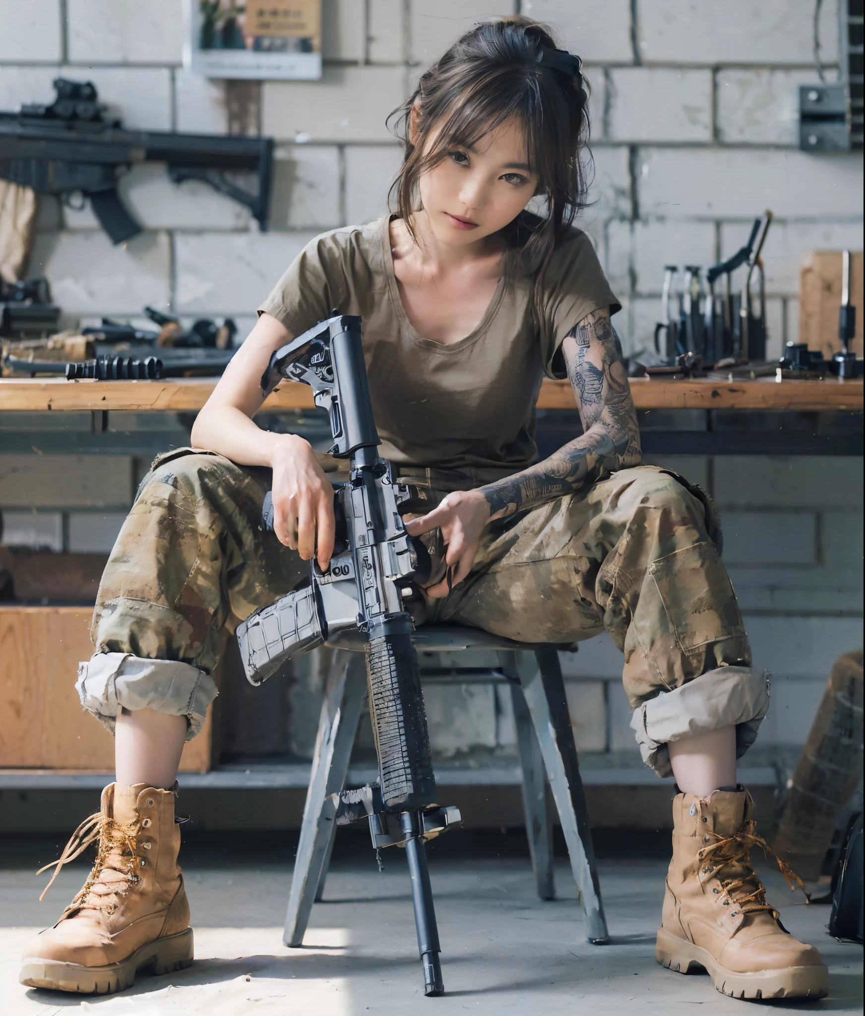 8k, Realistic photos, Realistic skin texture, Beautiful Japanese American Female U.S. Army Soldiers, Simple Warehouse, He is sitting on a simple chair and holding an automatic rifle., maintenance, Automatic rifles do not have magazines.Automatic rifle parts on the table、Military Pants, boots, Tattoo, T-Shirts, Toned body