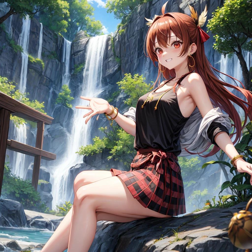 Brown, red, gold, golden hair、Red eyes、One good looking girl、solo、anime、Checkered mini skirt、Black camisole、Black T-shirt、hoodie、Wearing a ribbon、Ribbon on waist、Crystal Earrings、treasure石のネックレス、Light and shadow、Tilting face、Teeth are visible、Marble pillar、waterfall、Kind Face、Kuroko、treasure、wearing goggles on head、Feather coat