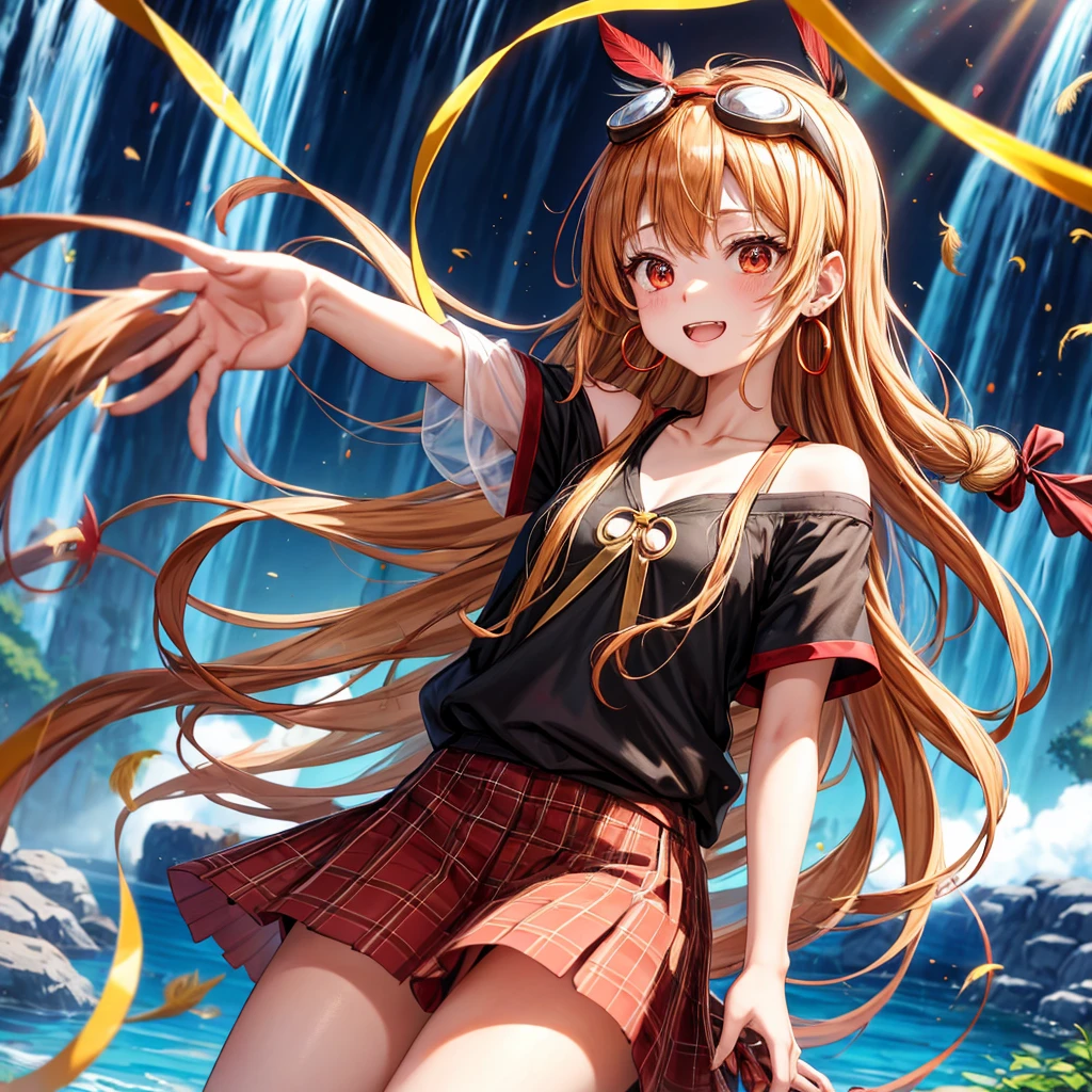 Brown, red, gold, golden hair、Red eyes、One good looking girl、solo、anime、Checkered mini skirt、Black camisole、Black T-shirt、hoodie、Wearing a ribbon、Ribbon on waist、Crystal Earrings、treasure石のネックレス、Light and shadow、Tilting face、Teeth are visible、Marble pillar、waterfall、Kind Face、Kuroko、treasure、wearing goggles on head、Feather coat