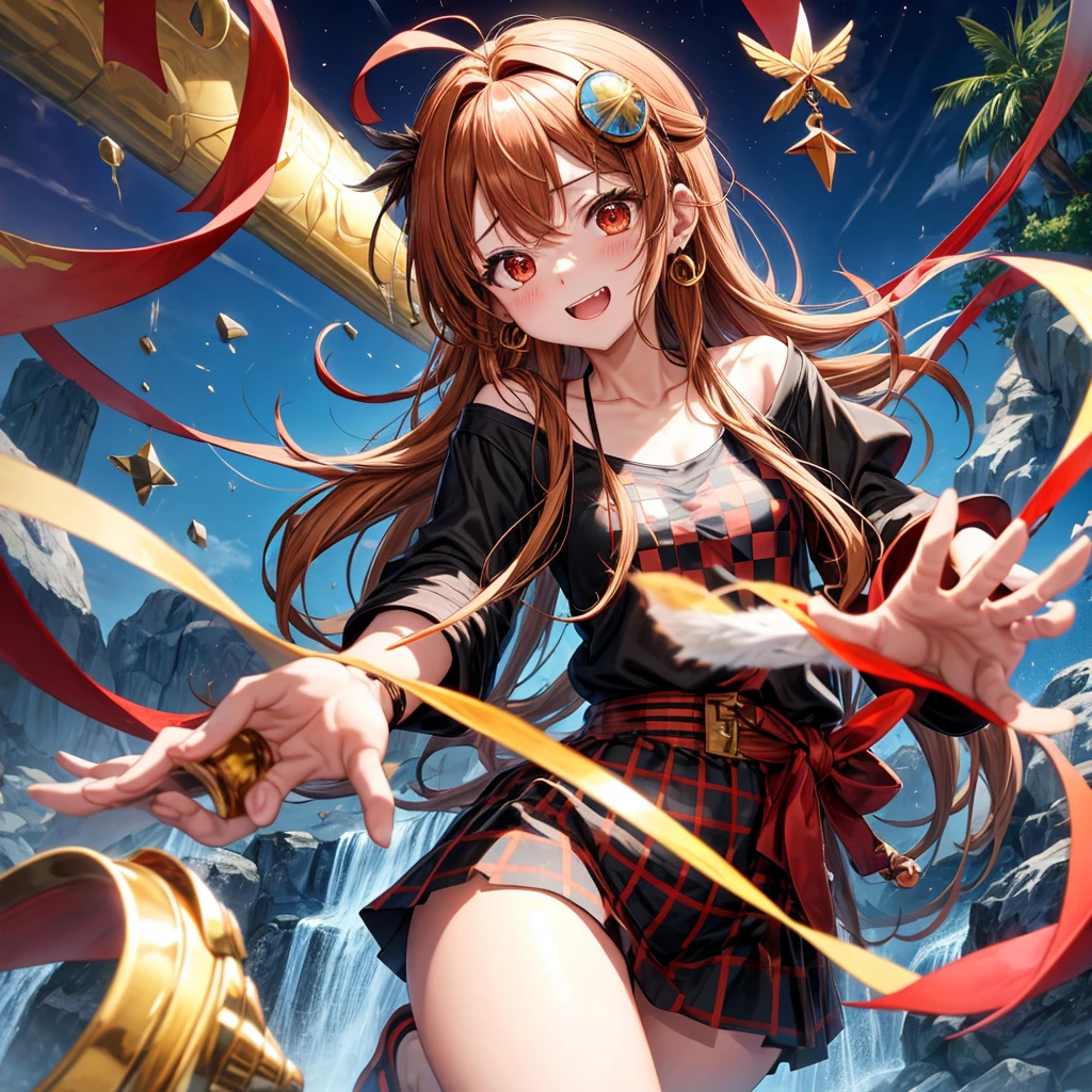 Brown, red, gold, golden hair、Red eyes、One good looking girl、solo、anime、Checkered mini skirt、Black camisole、Black T-shirt、hoodie、Wearing a ribbon、Ribbon on waist、Crystal Earrings、treasure石のネックレス、Light and shadow、Tilting face、Teeth are visible、Marble pillar、waterfall、Kind Face、Kuroko、treasure、wearing goggles on head、Feather coat