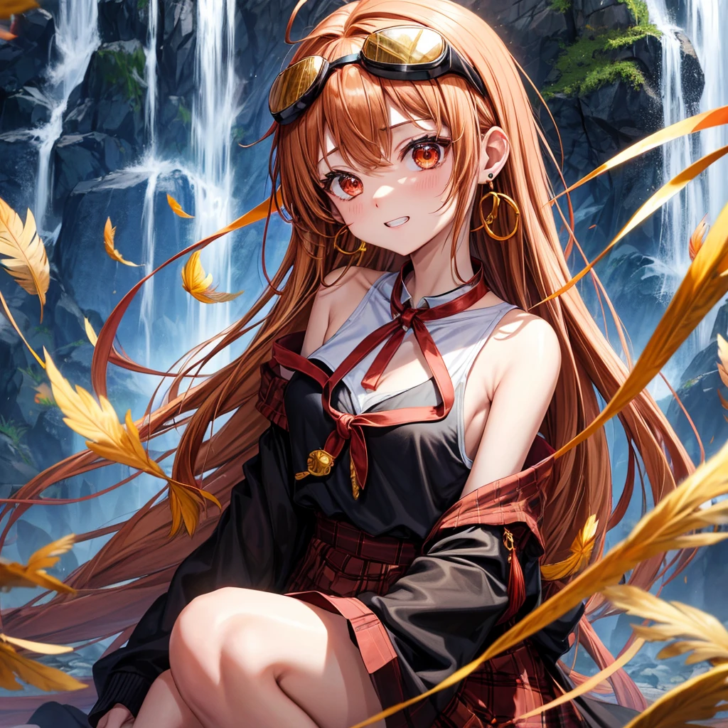 Brown, red, gold, golden hair、Red eyes、One good looking girl、solo、anime、Checkered mini skirt、Black camisole、Black T-shirt、hoodie、Wearing a ribbon、Ribbon on waist、Crystal Earrings、treasure石のネックレス、Light and shadow、Tilting face、Teeth are visible、Marble pillar、waterfall、Kind Face、Kuroko、treasure、wearing goggles on head、Feather coat