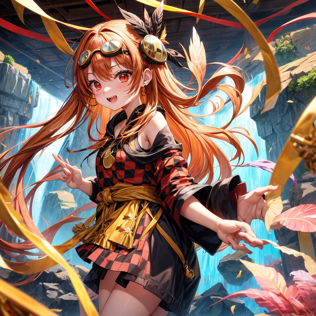 Brown, red, gold, golden hair、Red eyes、One good looking girl、solo、anime、Checkered mini skirt、Black camisole、Black T-shirt、hoodie、Wearing a ribbon、Ribbon on waist、Crystal Earrings、treasure石のネックレス、Light and shadow、Tilting face、Teeth are visible、Marble pillar、waterfall、Kind Face、Kuroko、treasure、wearing goggles on head、Feather coat